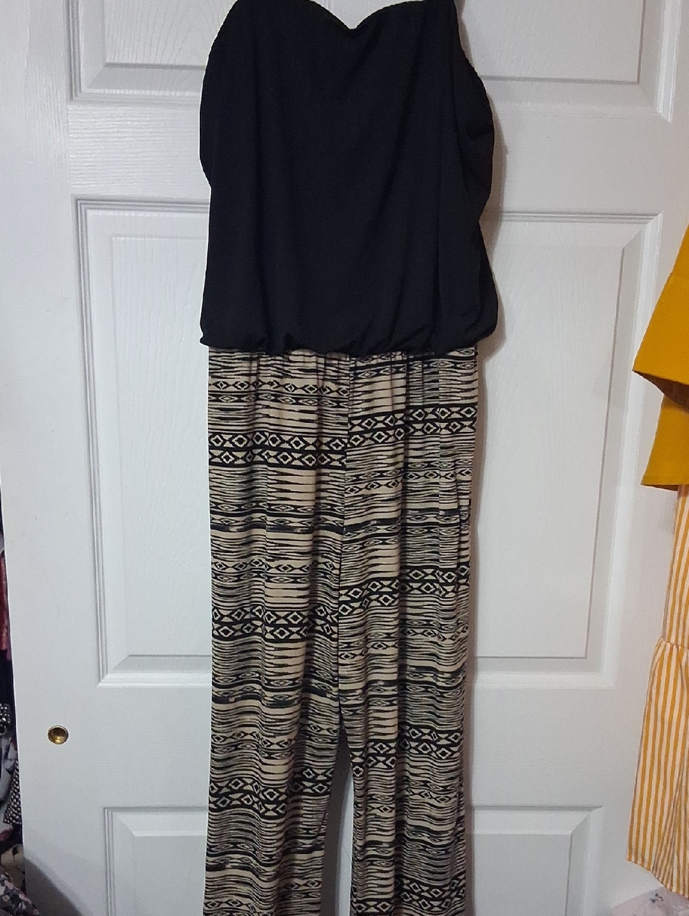 new directions Black Strapless Jumpsuit with Patterned Beige-Brown Legs SzXL$26